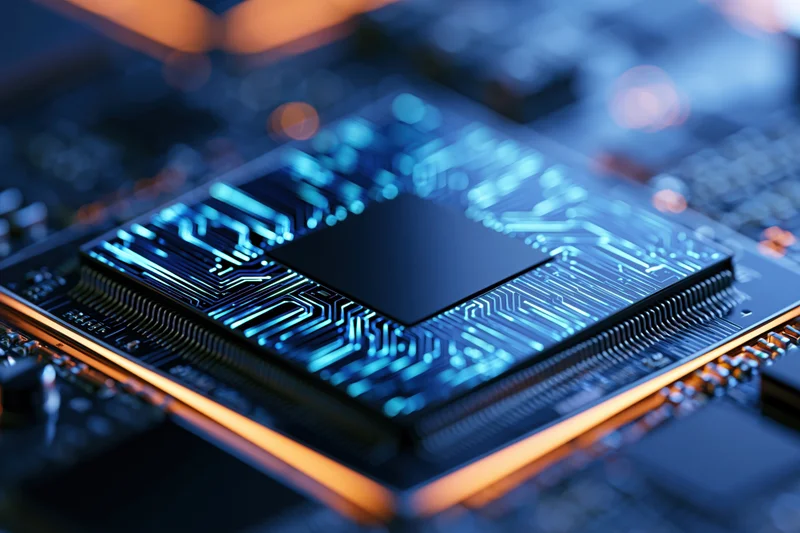 Close-up of a computer processor chip mounted on a circuit board with glowing blue pathways
