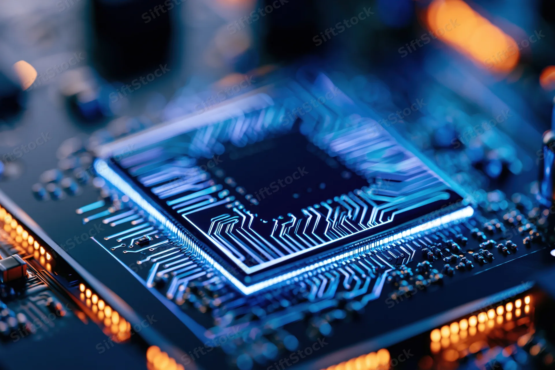 Close-up of a glowing computer processor chip mounted on a circuit board with illuminated pathways