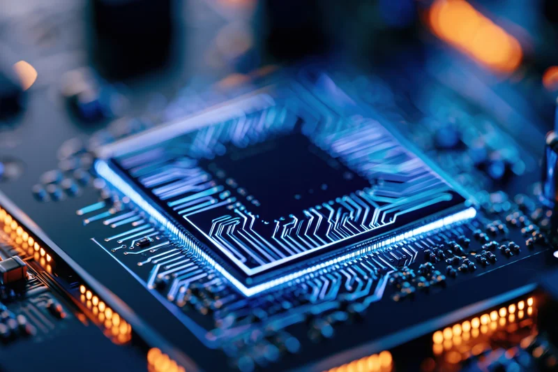 Close-up of a glowing computer processor chip mounted on a circuit board with illuminated pathways
