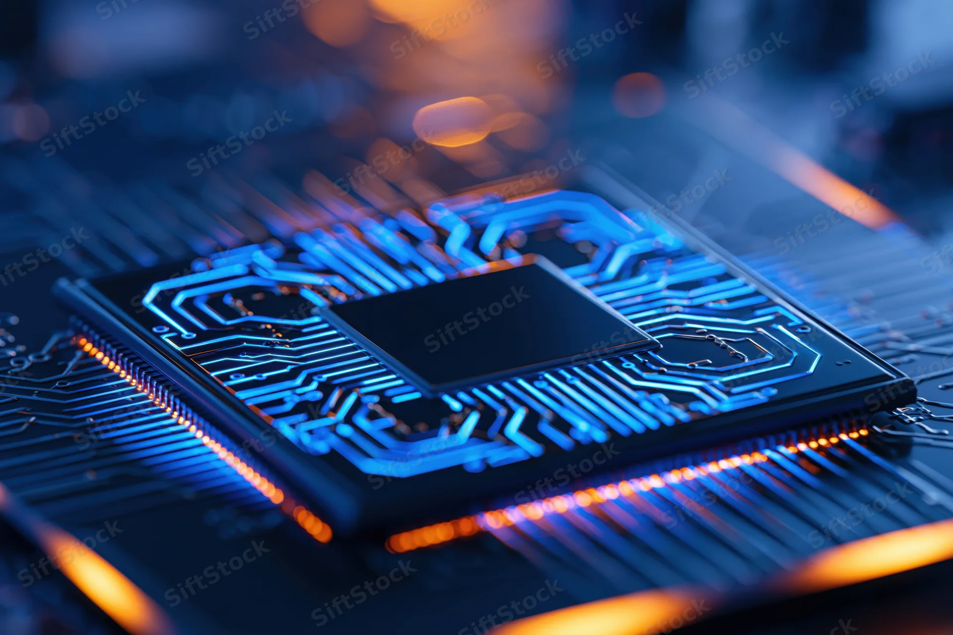 Close-up of a computer processor chip mounted on a circuit board with glowing blue and orange traces