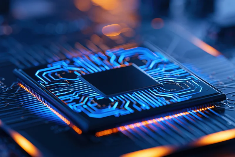 Close-up of a computer processor chip mounted on a circuit board with glowing blue and orange traces