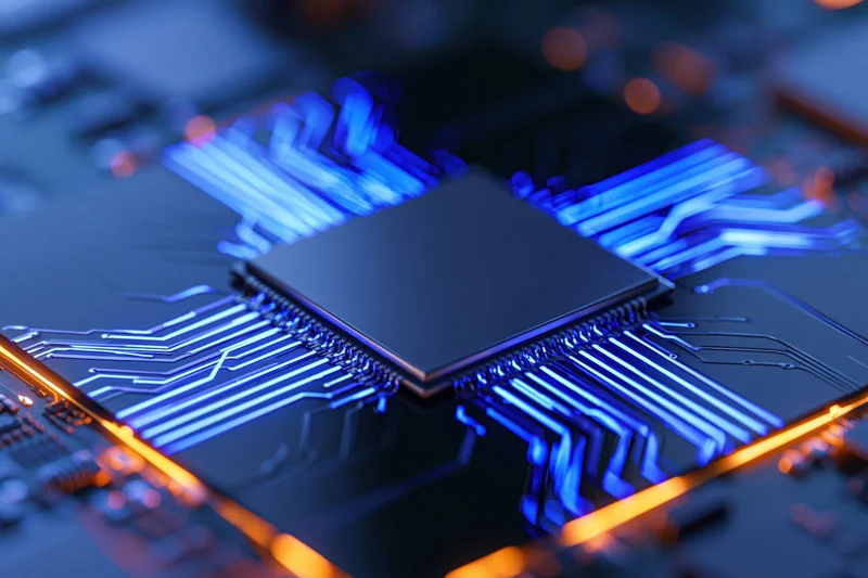 Close-up of a computer processor chip mounted on a circuit board with glowing blue and orange traces