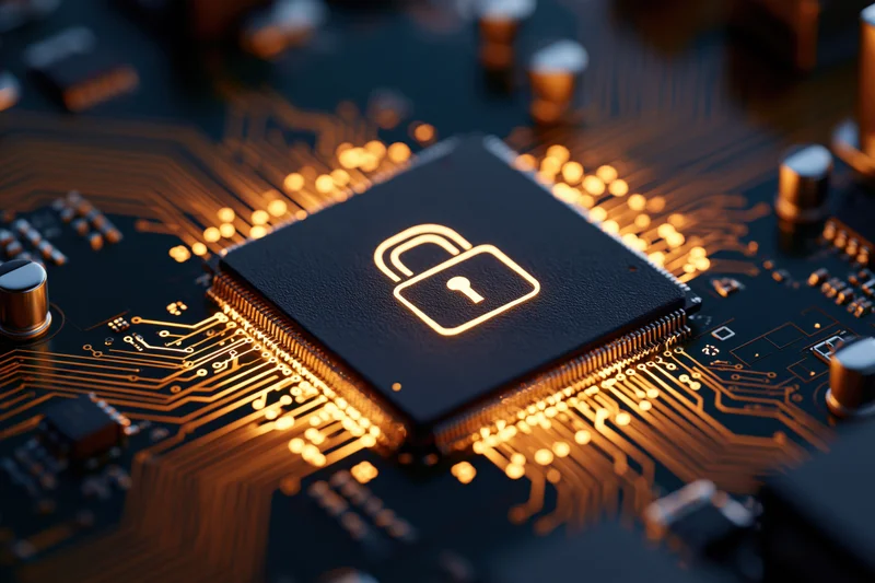 Glowing lock symbol on a black microchip embedded in a circuit board