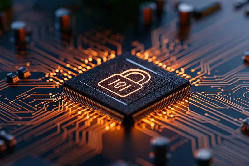 Close-up of a security chip with glowing padlock symbol on a circuit board