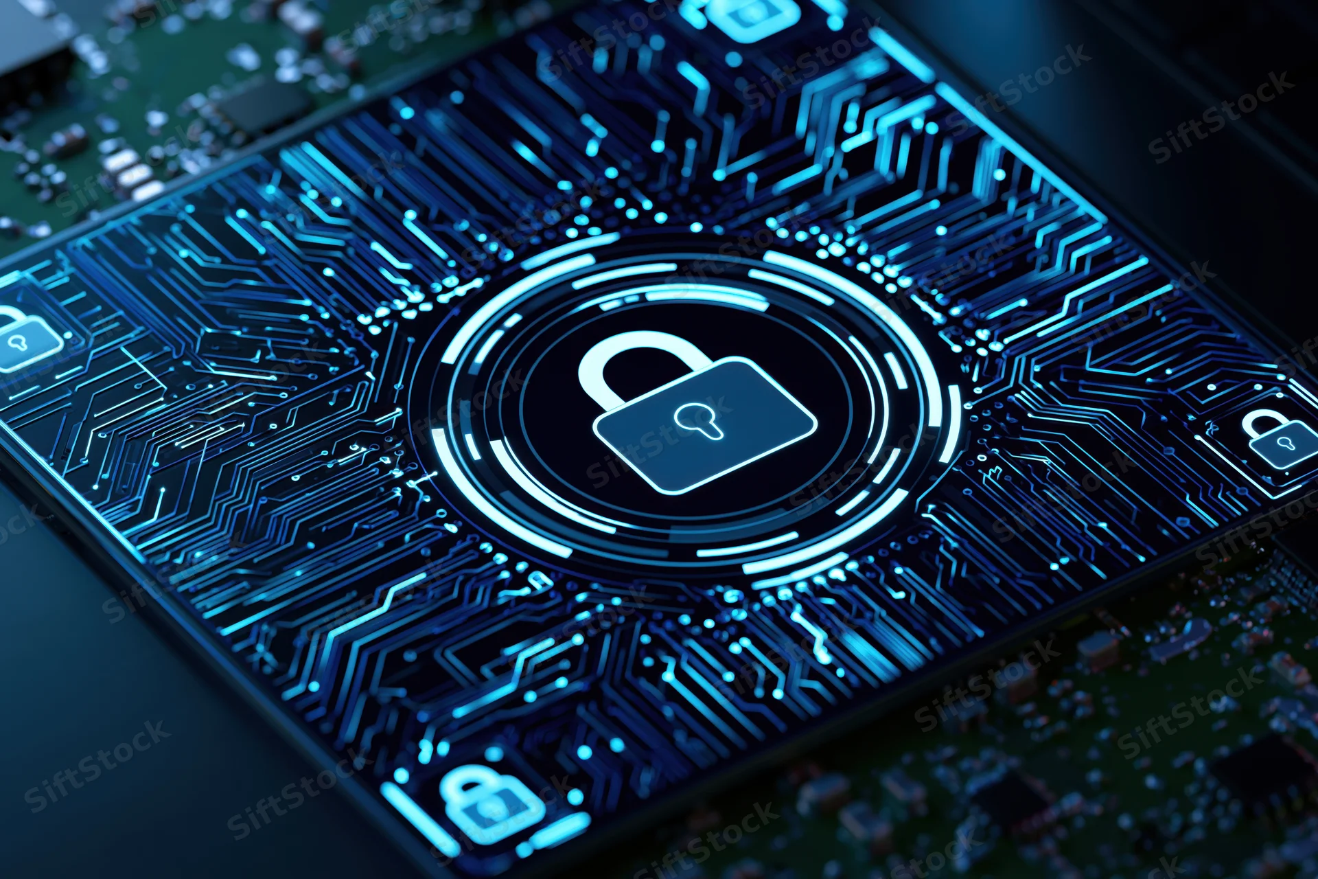 Glowing digital lock symbol on a circuit board surface