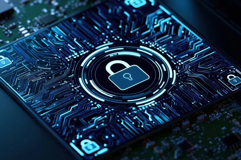 Glowing digital lock symbol on a circuit board surface