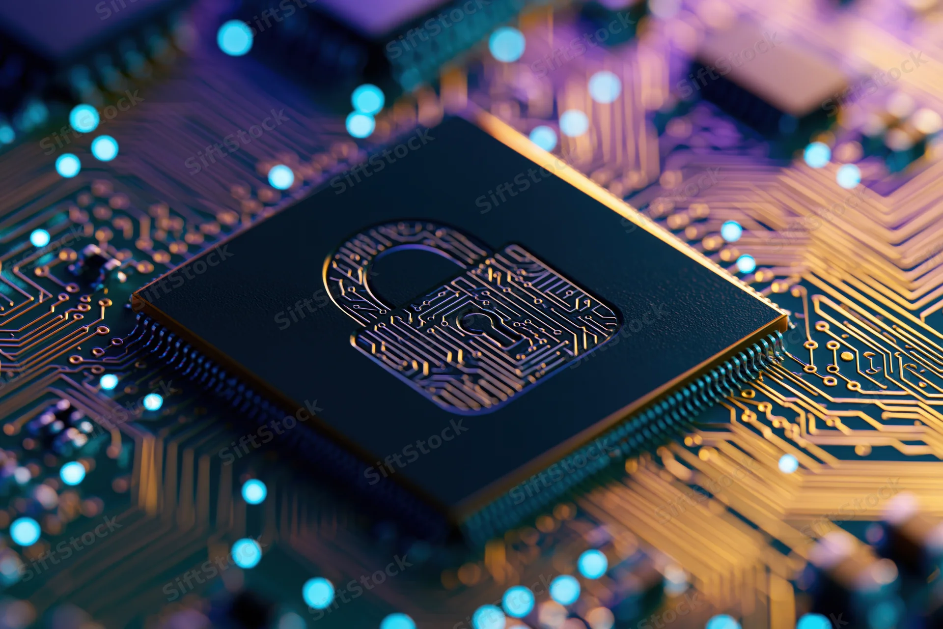 Close-up of a black microchip with a circuit-etched padlock symbol on a glowing circuit board