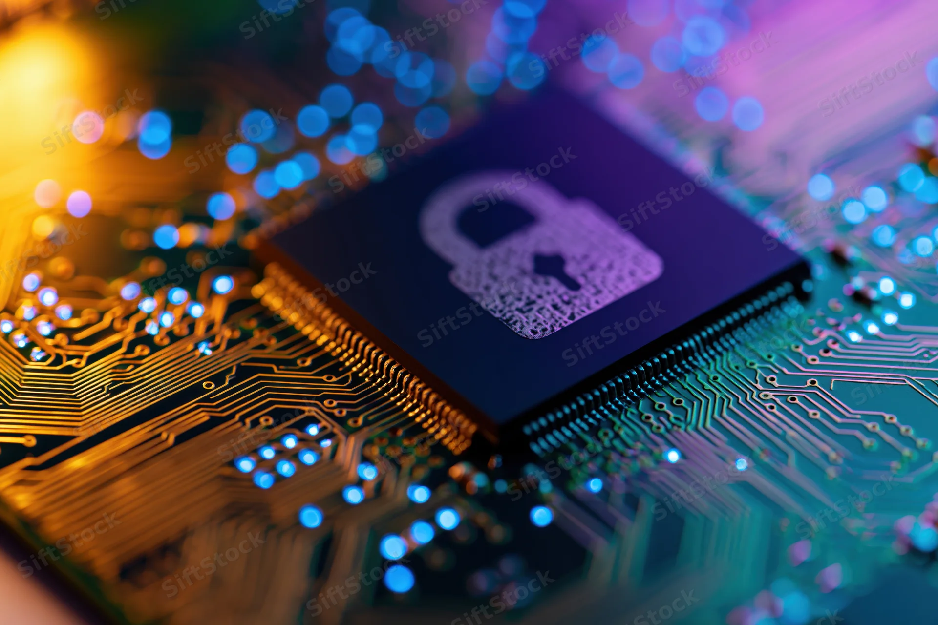 Close-up of a microchip with a lock symbol on a glowing circuit board