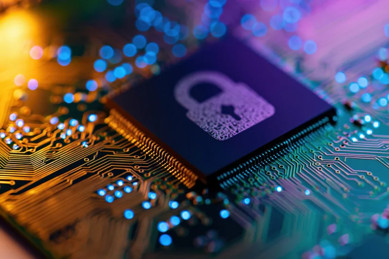 Close-up of a microchip with a lock symbol on a glowing circuit board