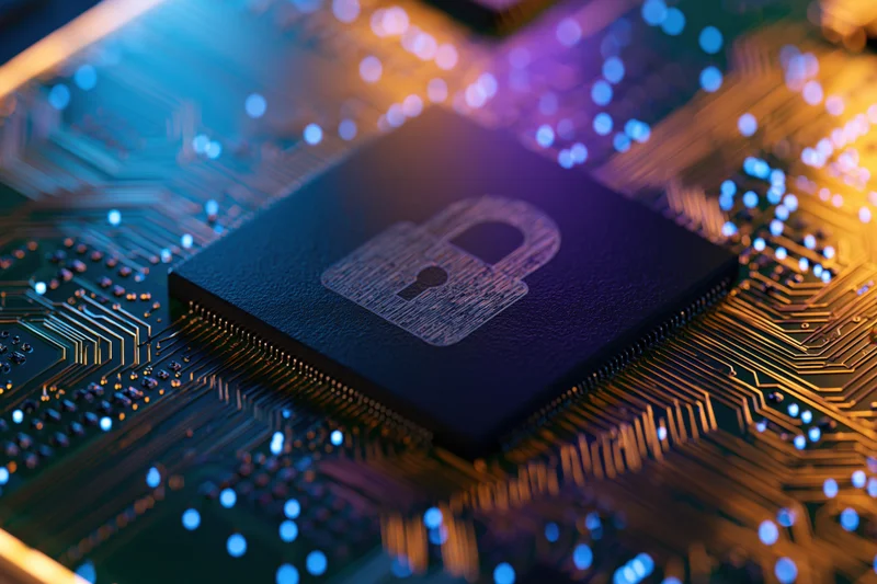 Close-up of a security chip with a lock symbol on a glowing circuit board