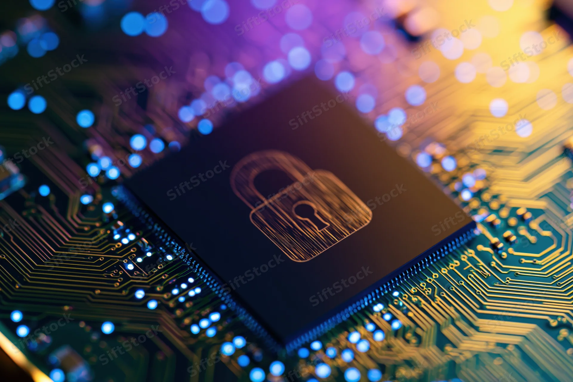 Close-up of a secure chip with a padlock symbol on a glowing circuit board