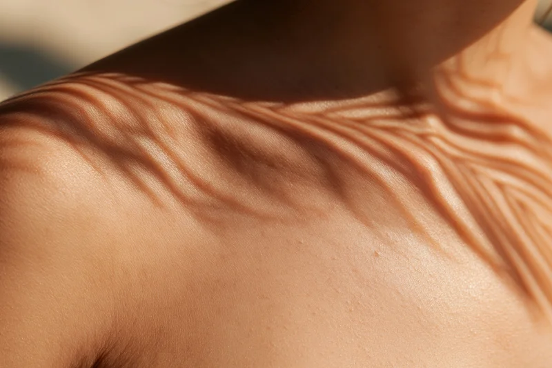 Closeup of a woman's bare shoulder and collarbone with leaf shadows from sunlight outdoors