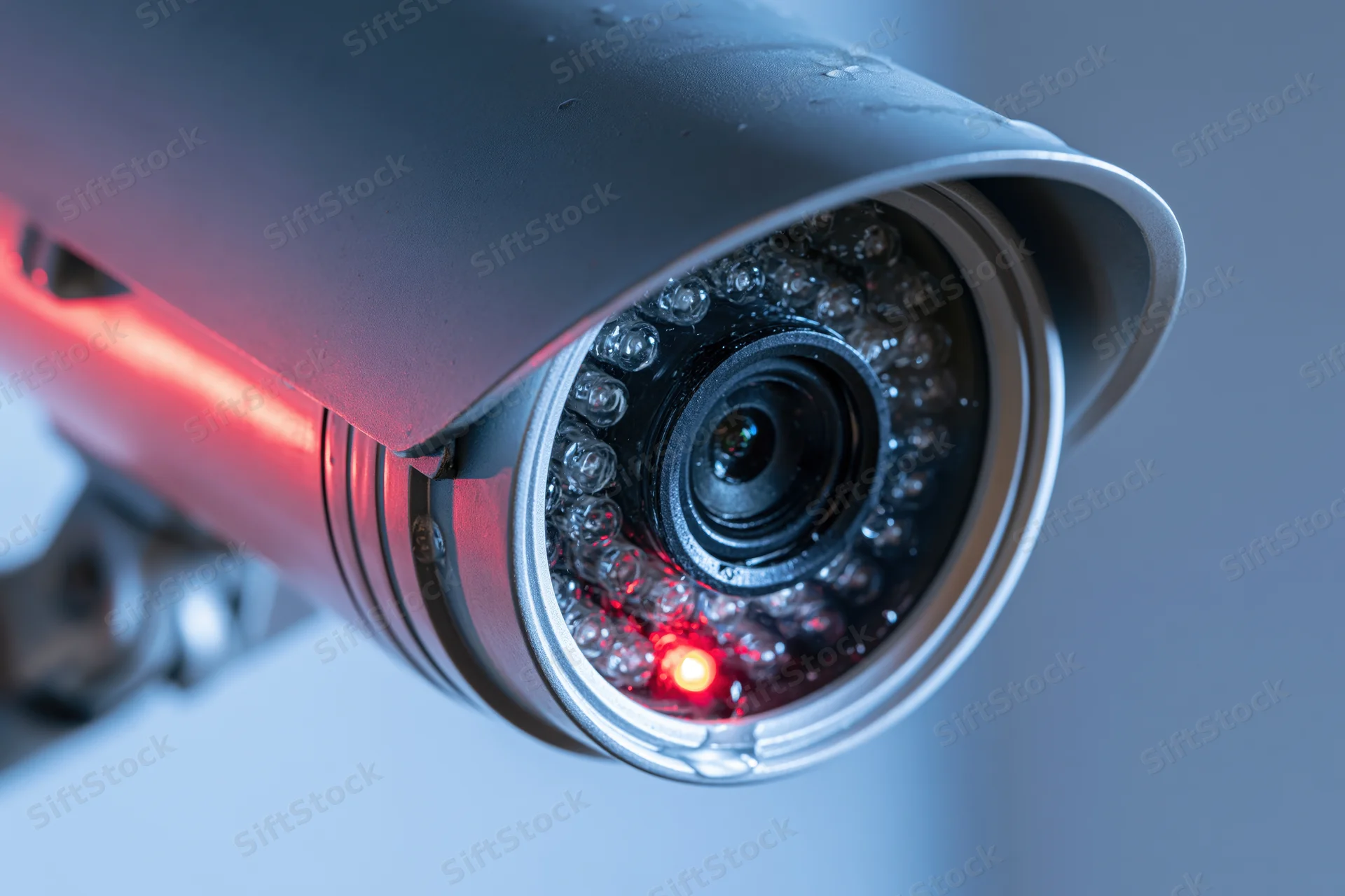 Close-up of a silver bullet-style cctv security camera lens with red infrared light illuminated