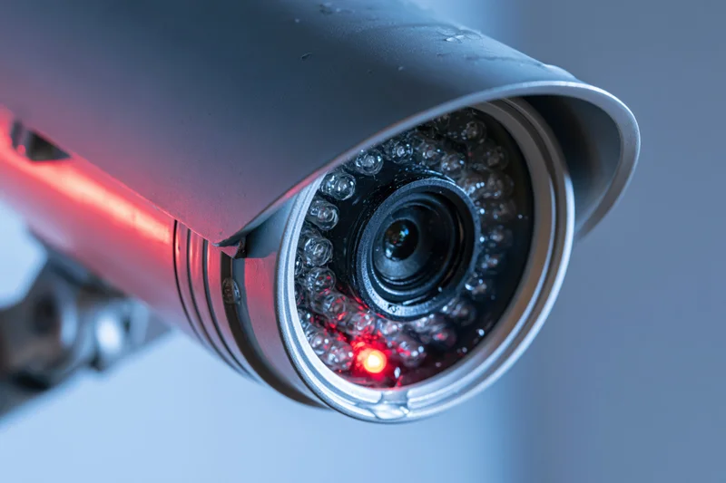 Close-up of a silver bullet-style cctv security camera lens with red infrared light illuminated