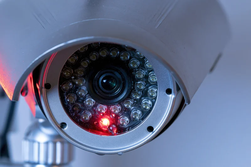 Close-up of a silver bullet-style cctv security camera lens with red led light illuminated