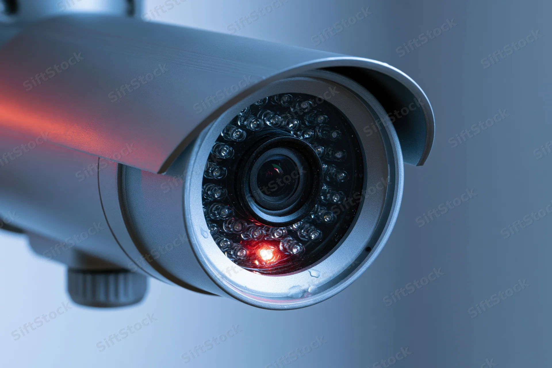 Close-up of a silver bullet-style cctv security camera lens with red infrared led light on a plain background