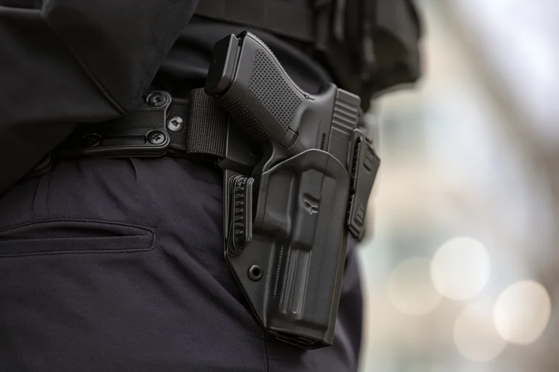 Close-up of a black handgun in a tactical duty holster worn on a police officer's belt