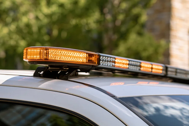 Amber and white led light bar mounted on top of a white police vehicle roof with trees in background