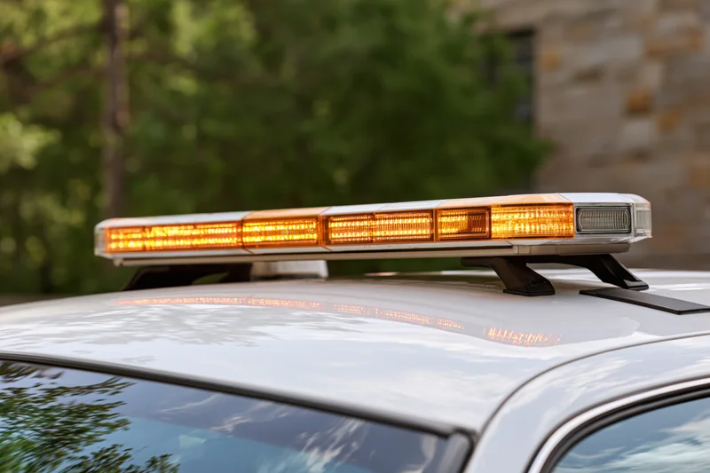 Amber and white led light bar mounted on top of a white emergency vehicle outdoors