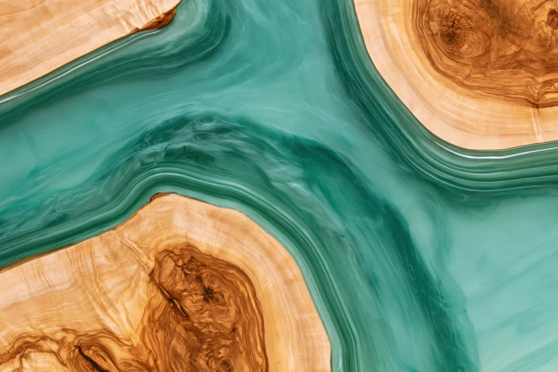 Close-up overhead view of a live-edge epoxy resin river table with swirling teal resin and natural wood grain