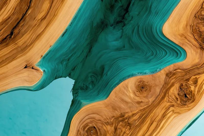 Close-up overhead view of a live-edge epoxy resin river table with natural wood grain and turquoise resin flow