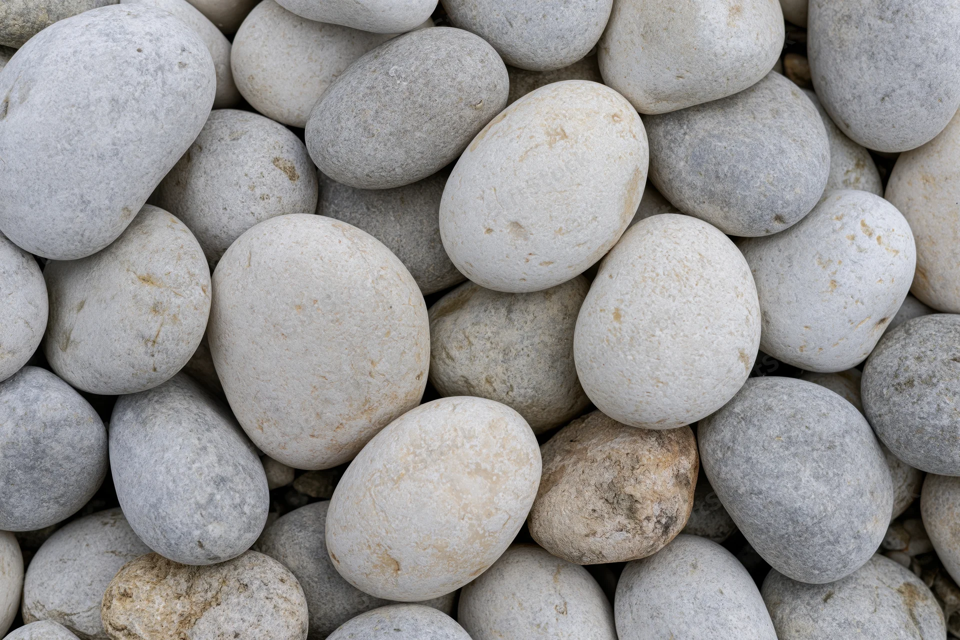 Smooth rounded river pebbles packed together in a close-up overhead view