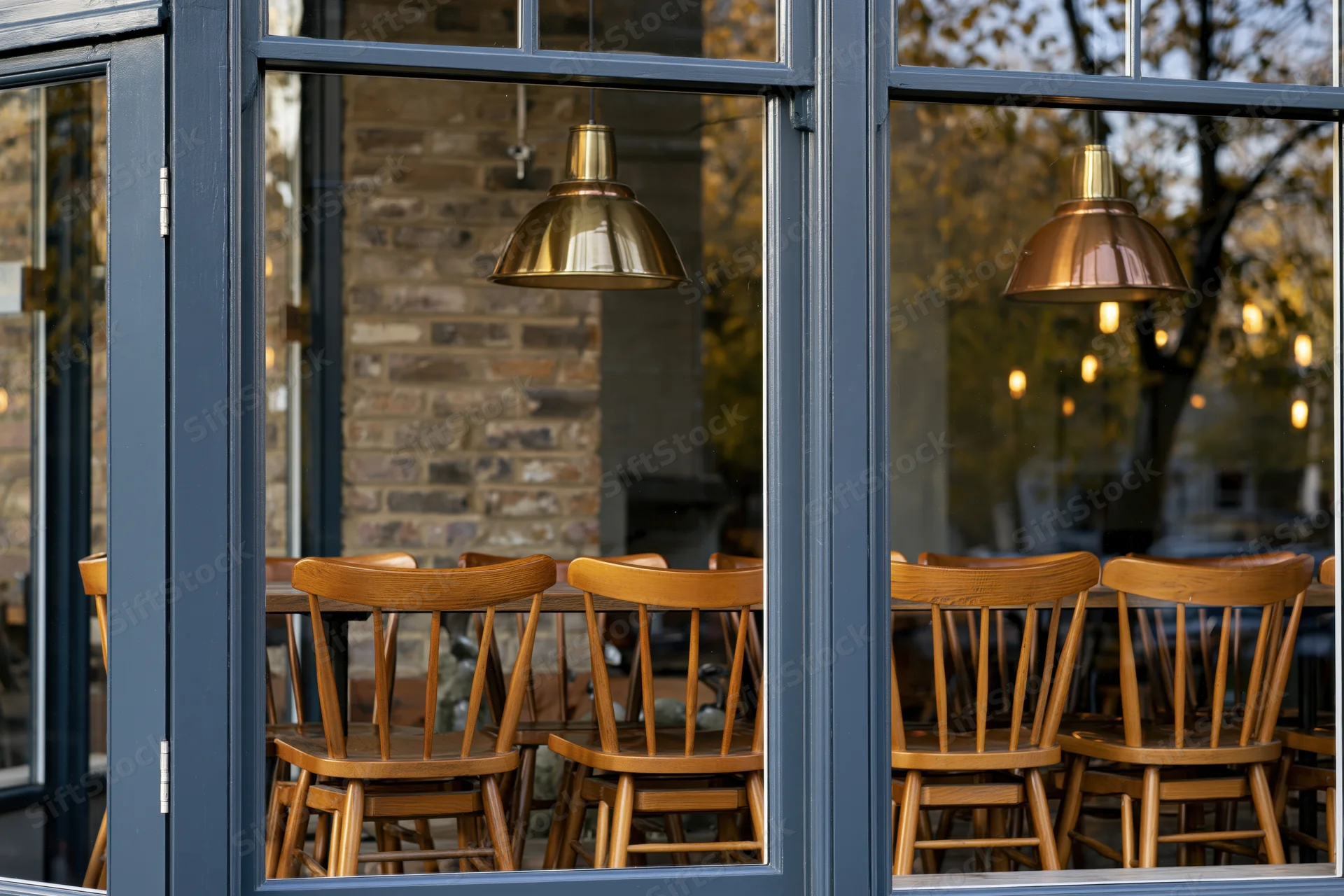 Restaurant interior with wooden chairs and brass pendant lights viewed through large glass windows from the street