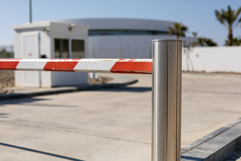 Closed security boom barrier gate with red and white stripes at a modern facility entrance