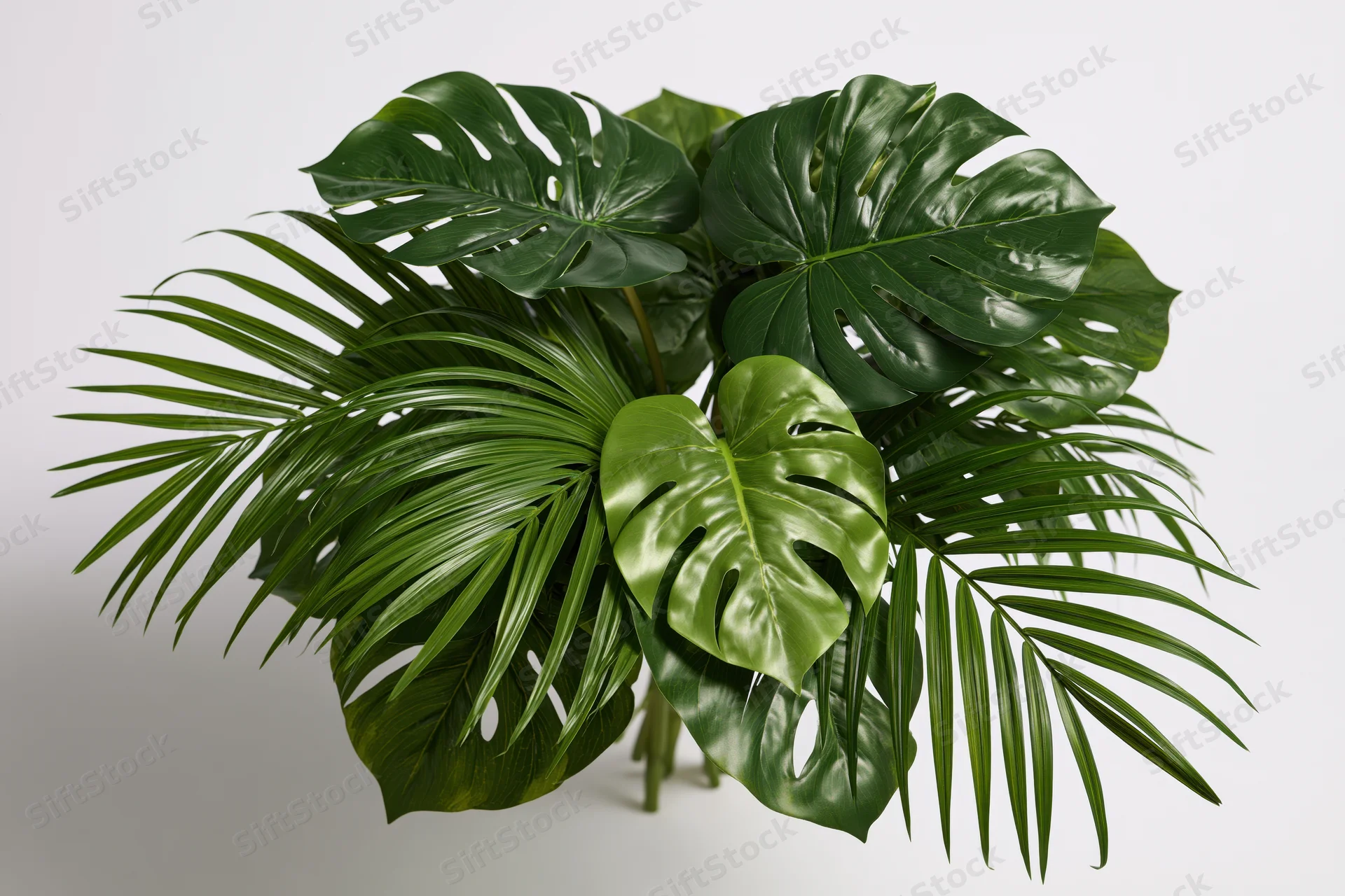 Cluster of monstera and palm leaves arranged in a loose bouquet against a white background