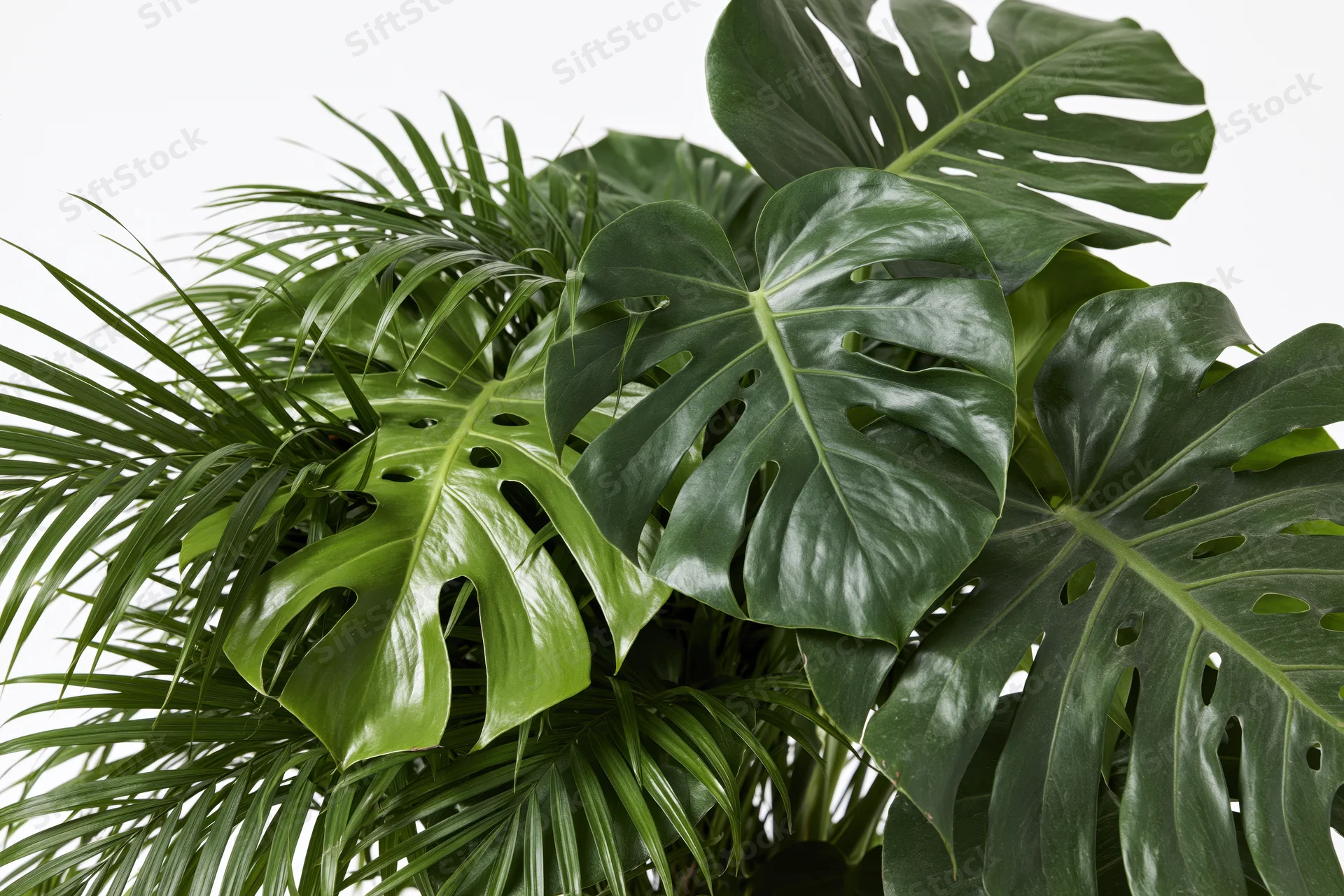 Cluster of monstera and philodendron leaves arranged in a loose bouquet against white background