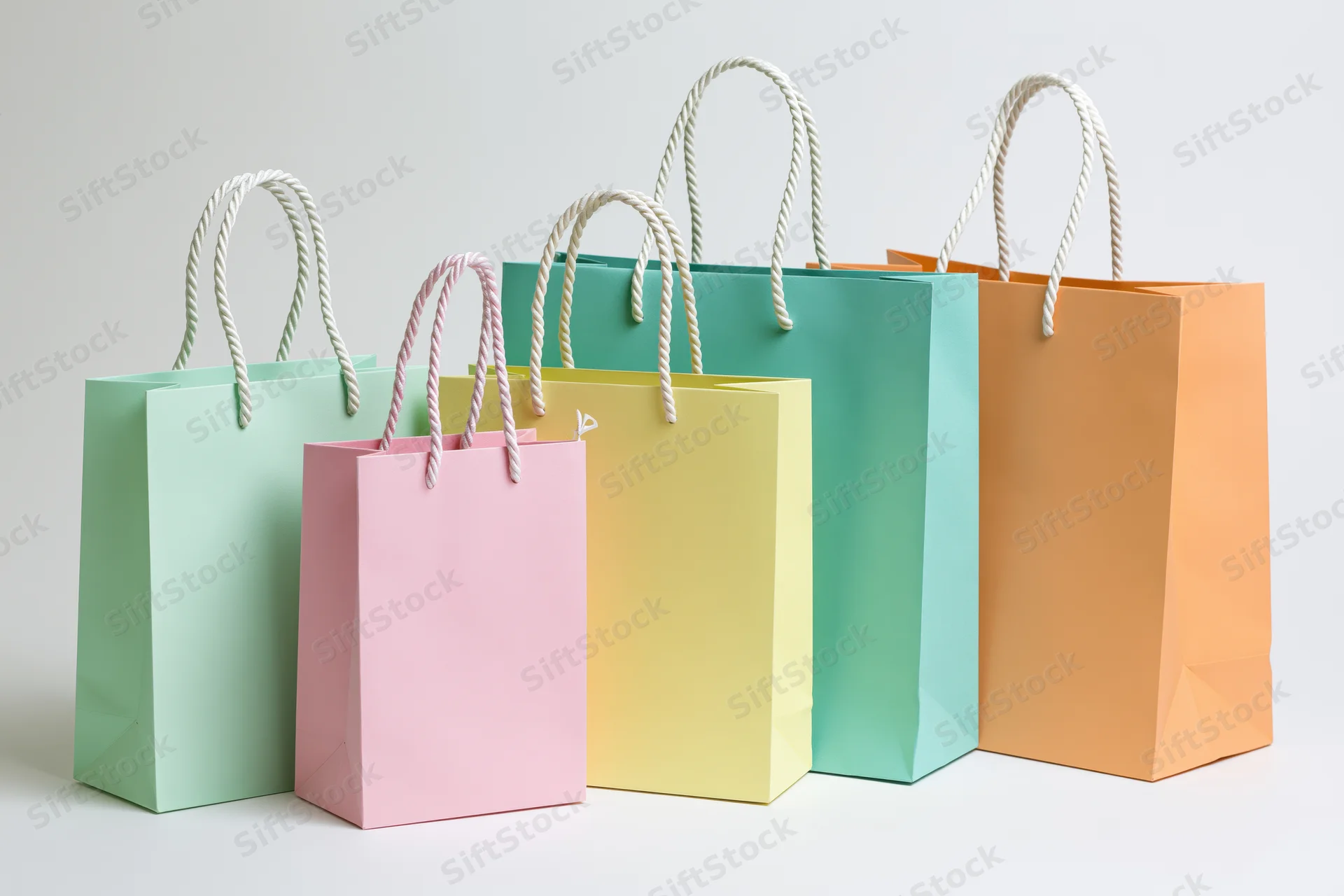Colorful pastel paper shopping bags arranged in a row on a white surface