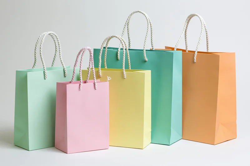 Colorful pastel paper shopping bags arranged in a row on a white surface