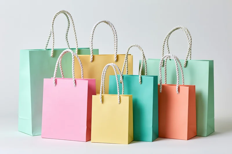 Colorful pastel paper shopping bags arranged in a row on a white surface