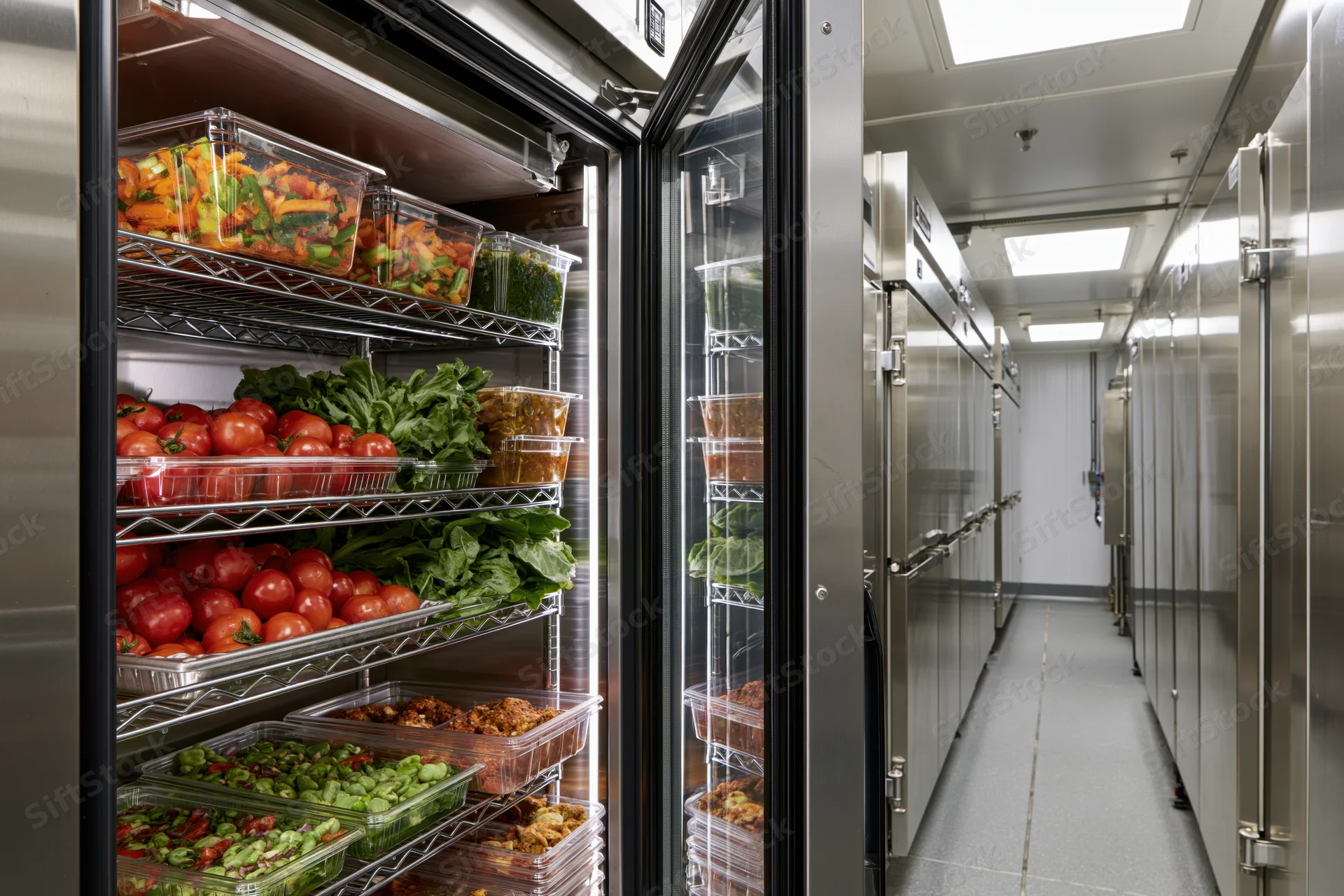 Open walk-in refrigerator in commercial kitchen showing shelves of fresh vegetables and prepared meals in plastic containers