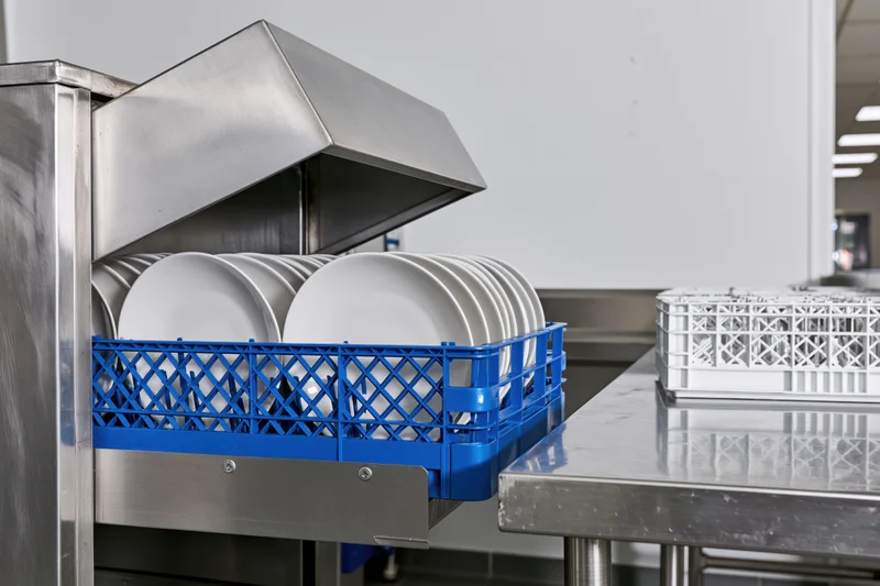 Commercial dishwasher with raised hood and blue rack holding white plates in restaurant kitchen