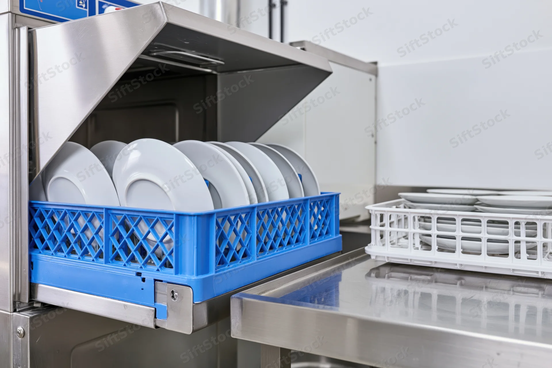 Commercial dishwasher with open hood and blue rack holding white plates in kitchen setting