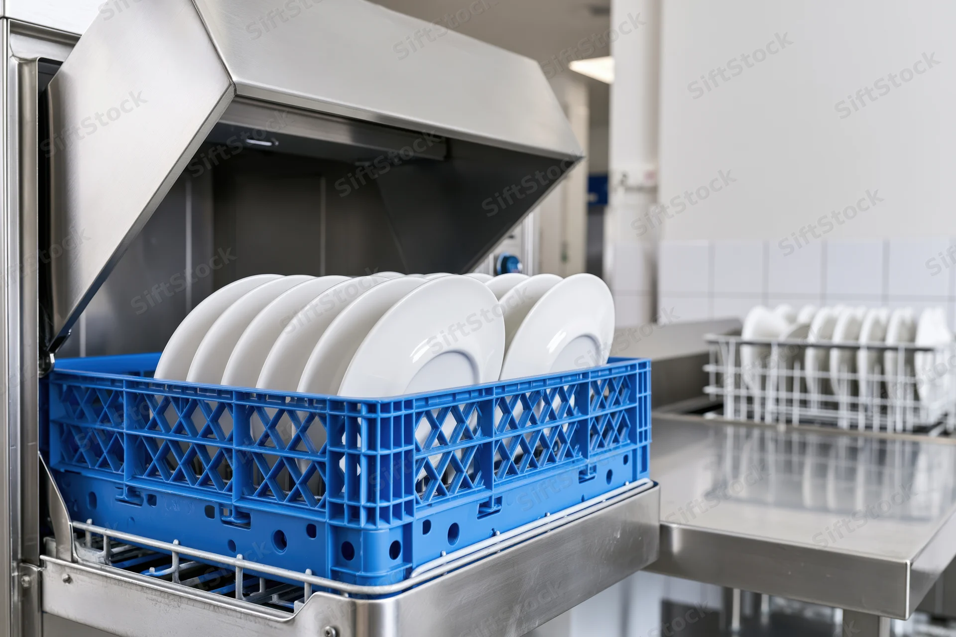 Commercial dishwasher with blue crate of white plates inside, hood raised in restaurant kitchen