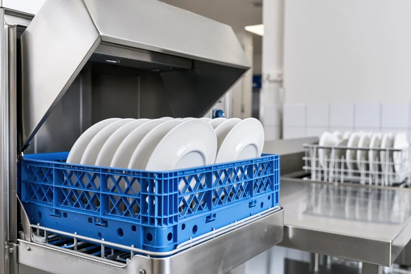 Commercial dishwasher with blue crate of white plates inside, hood raised in restaurant kitchen