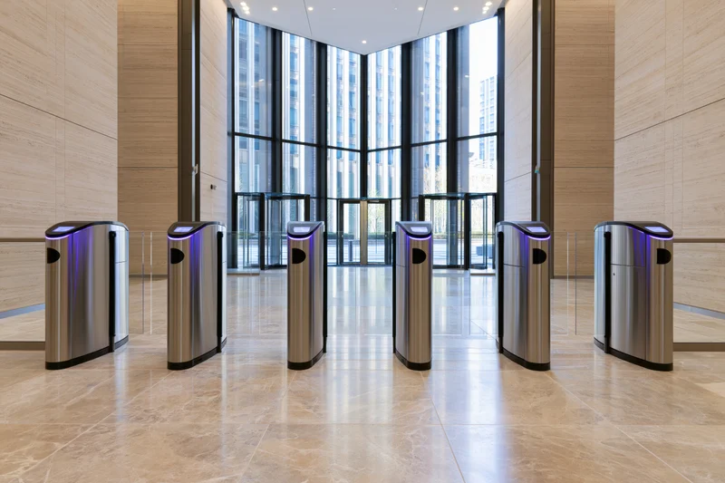 Row of automated turnstiles in a modern corporate office lobby with glass walls and marble flooring