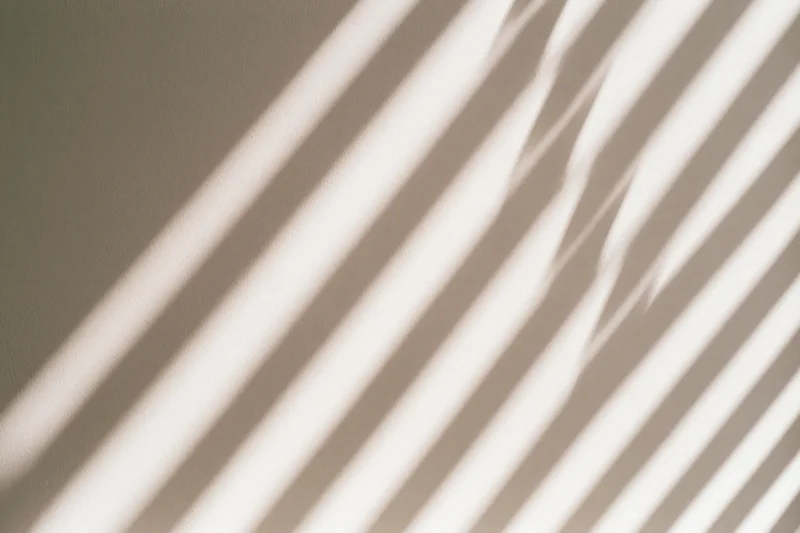 Diagonal shadows from window blinds cast across a plain beige wall