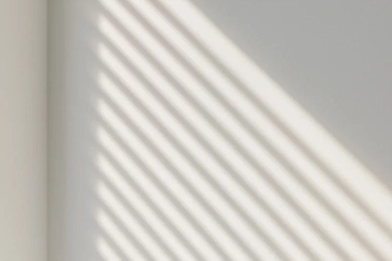 Diagonal shadow stripes from window blinds cast across a plain white interior wall