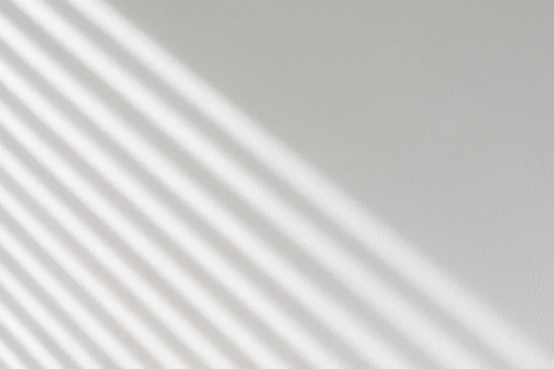 Diagonal shadows from window blinds cast across a plain white interior wall