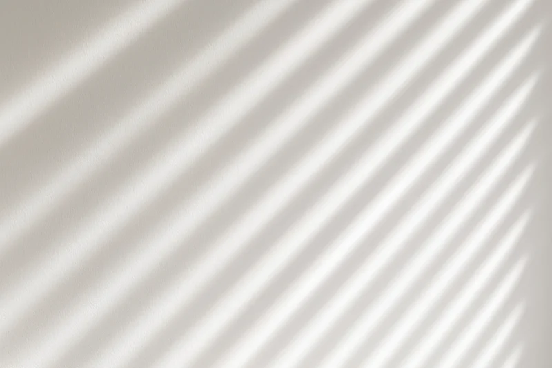 Diagonal shadows from window blinds cast across a plain white interior wall
