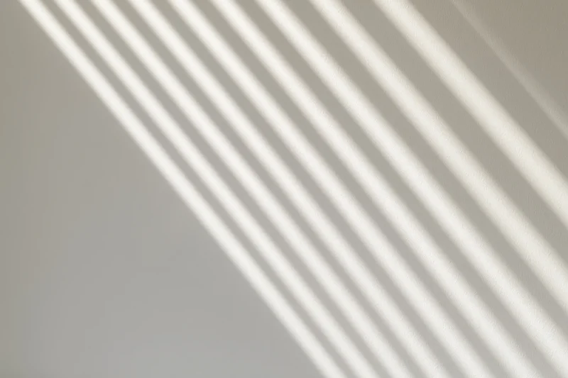 Diagonal shadows from window blinds cast across a plain white interior wall