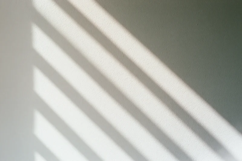 Diagonal shadows from window blinds cast across a plain off-white wall in soft natural light