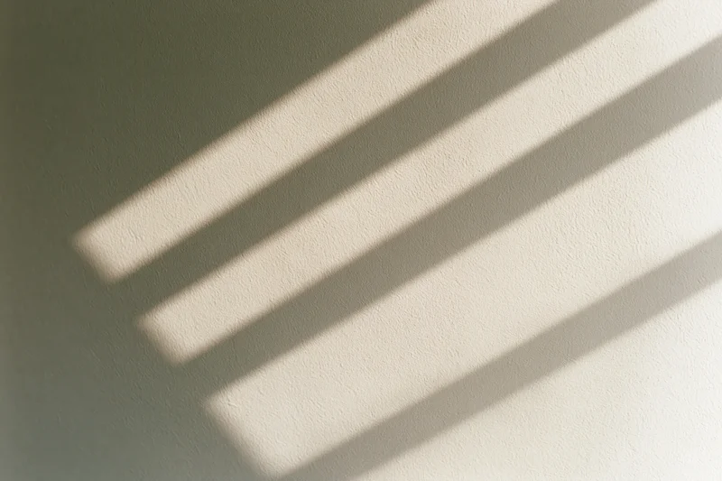 Diagonal shadows from window blinds cast across a plain off-white wall in soft natural light