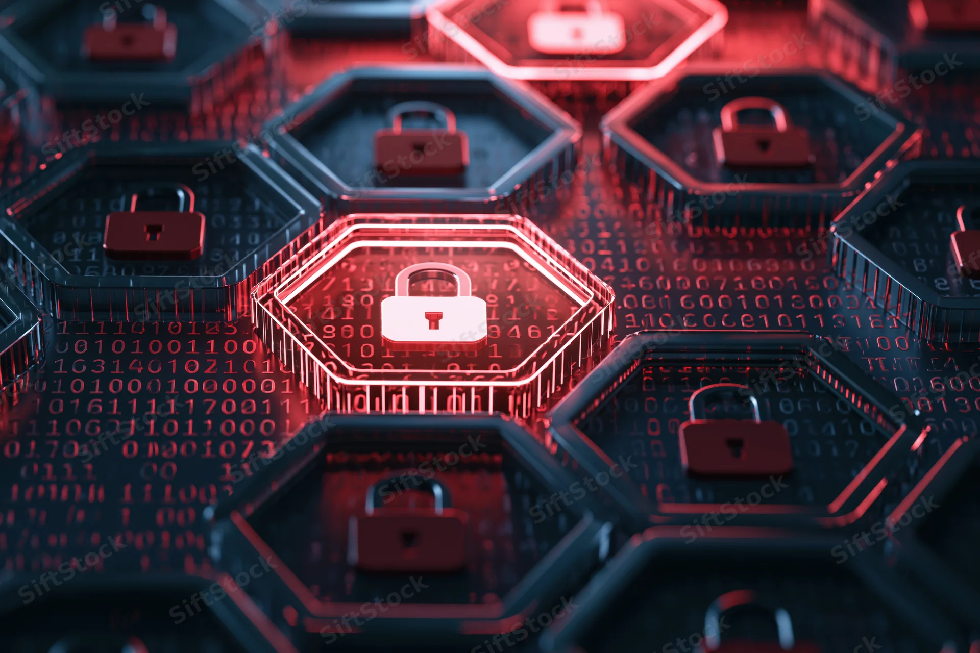 Glowing red lock symbols on hexagonal grid over binary code background