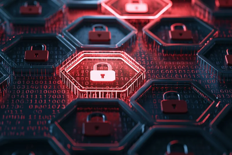 Glowing red lock symbols on hexagonal grid over binary code background