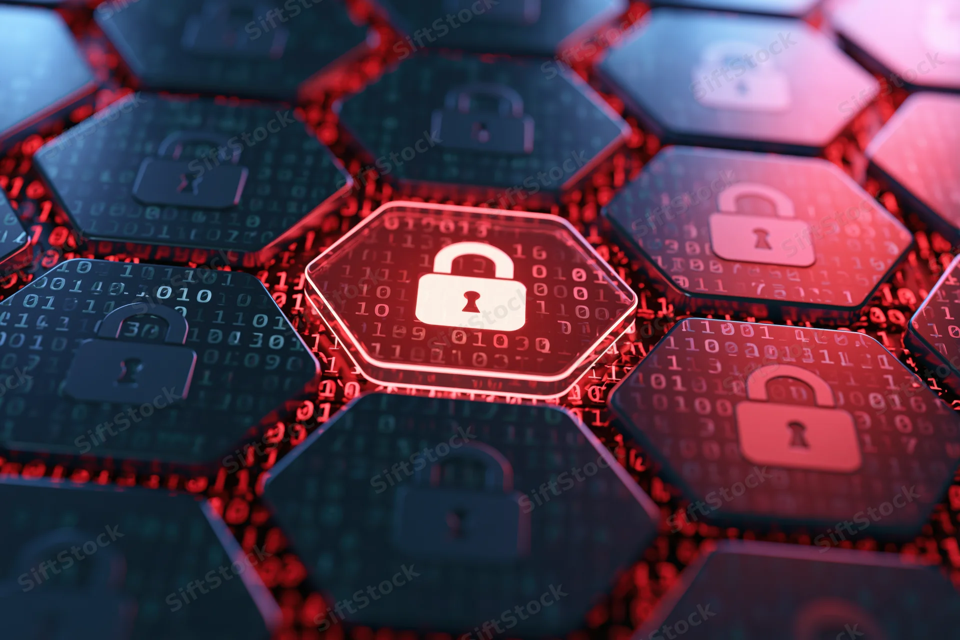 Hexagonal grid of digital locks over binary code background representing cybersecurity