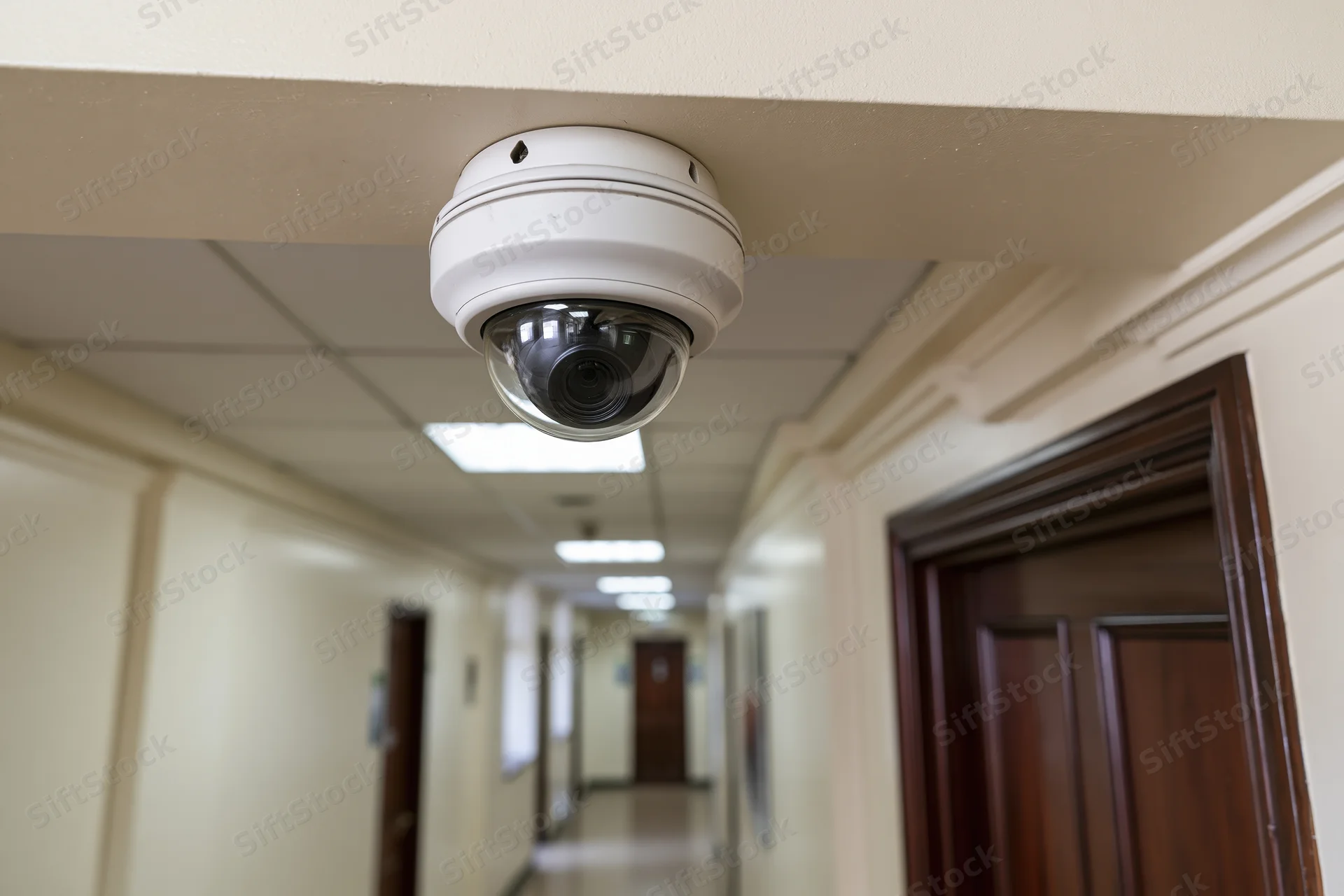 Dome security camera mounted on ceiling in long hallway with doors and fluorescent lighting